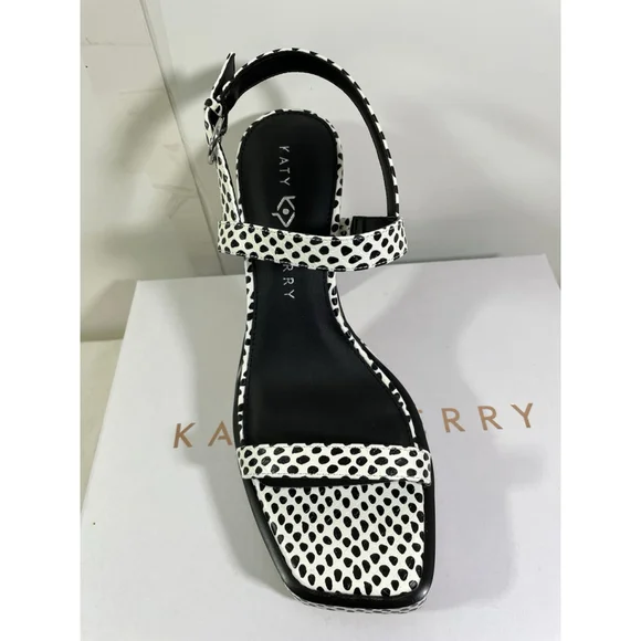 NIB Katy Perry The Steady Sandal Womens 9M Black White Chunky Heels Platform - Picture 2 of 6